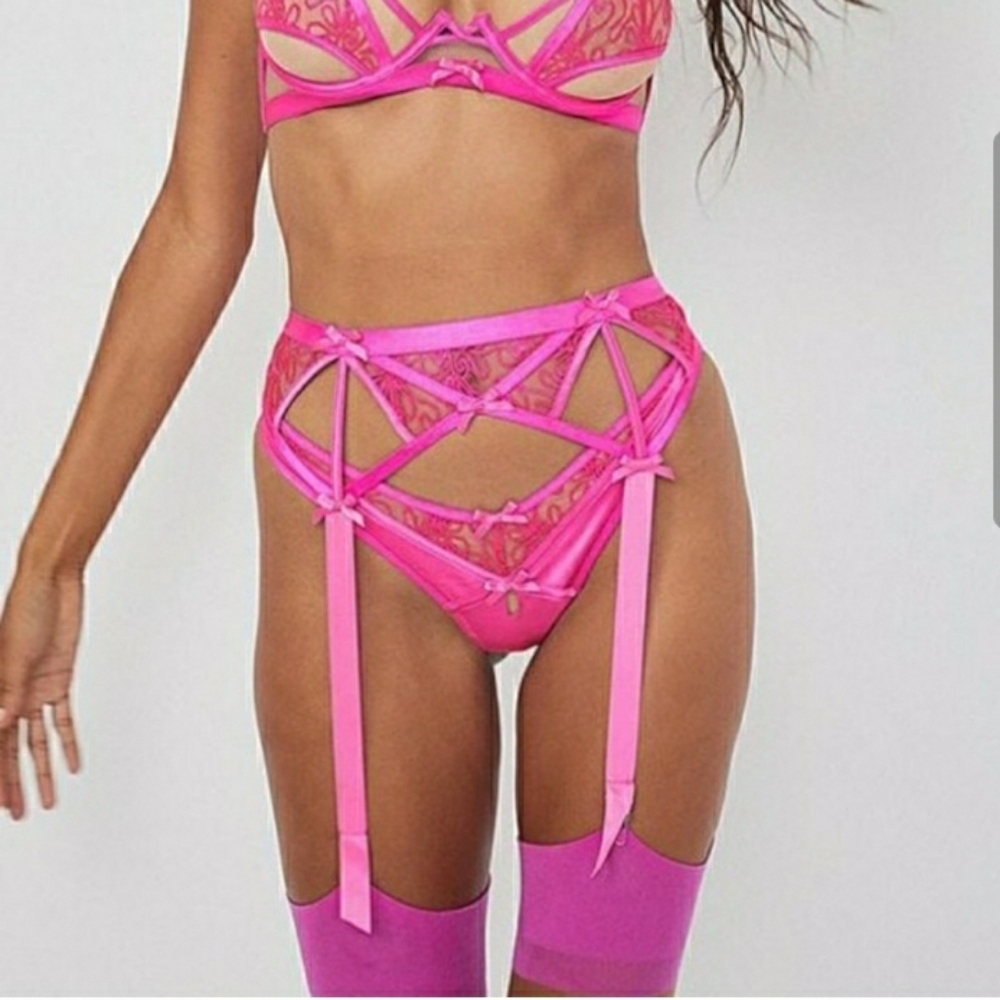 For Love & Lemons soutache hot pink lace garter belt